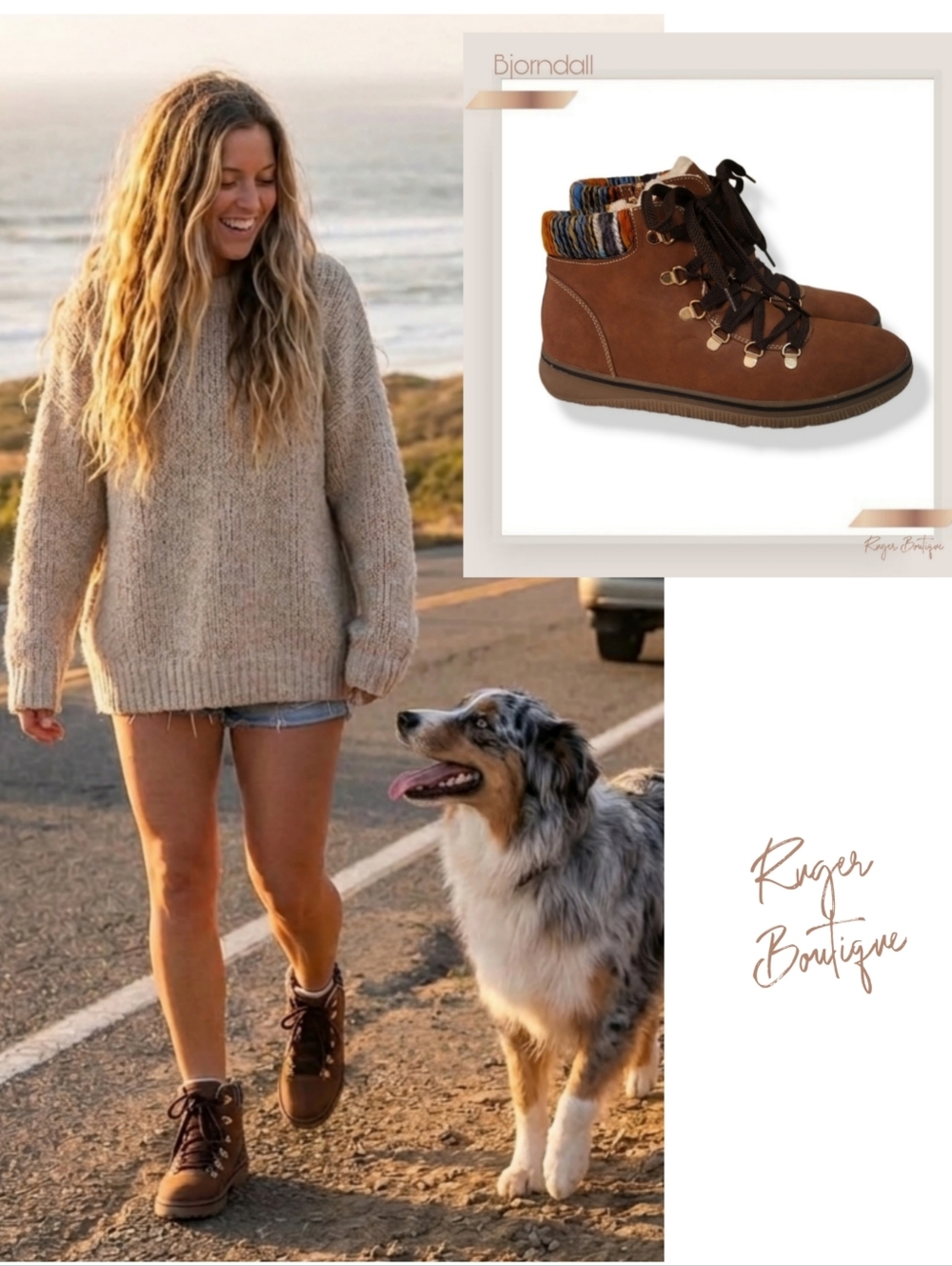 🌿Bjorndal Everly Brown Faux Suede Lace Up Ankle Boots Knit Trim Women's 10